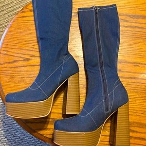 Knee high dark jean pump heels